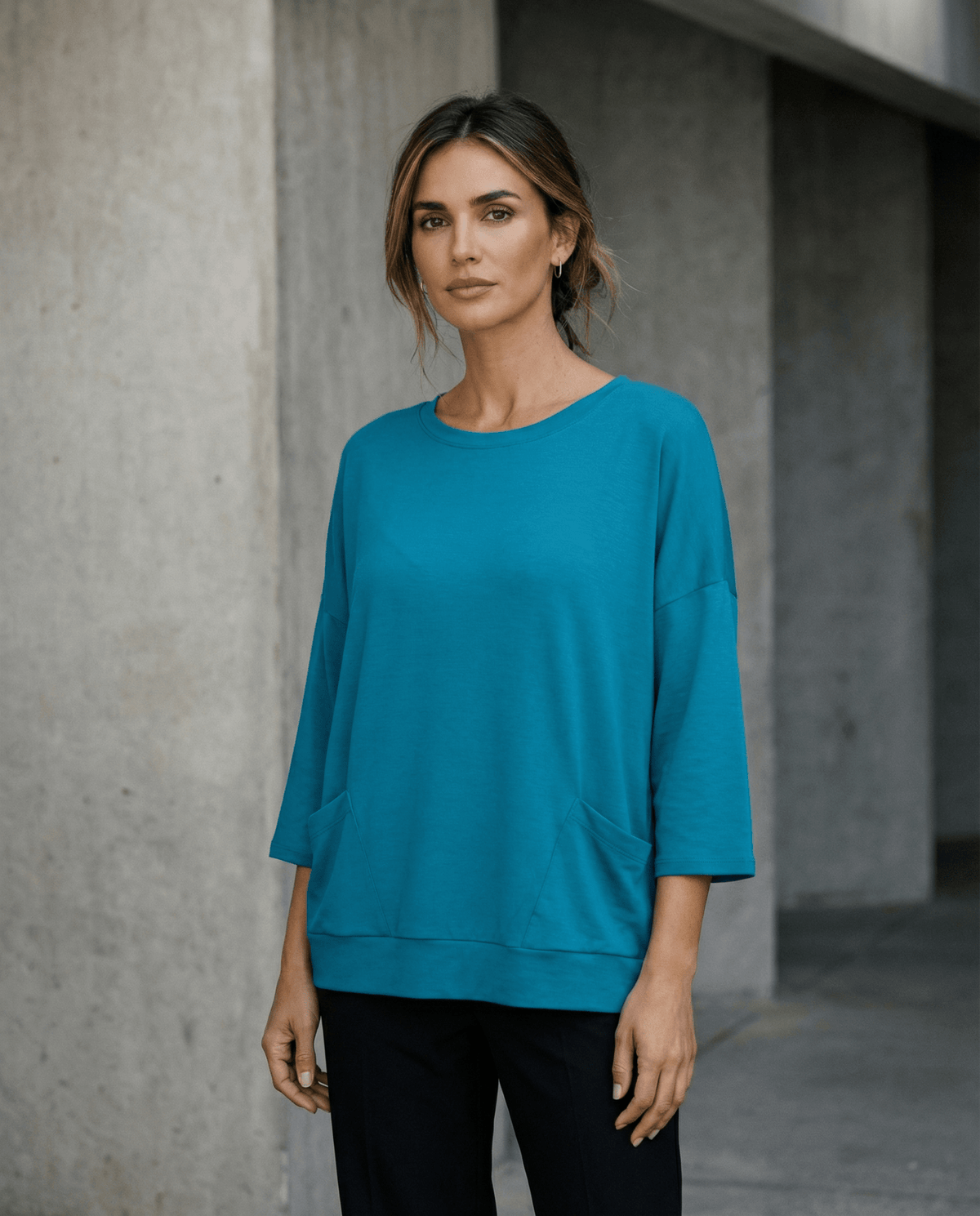 MERINO SWEATER WITH FRONT POCKETS & 3/4 SLEEVES DRAGONFLY EBAS483DRA_by_EBONY_women's_in_New Zealand_ MERINO SWEATER WITH FRONT POCKETS & 3/4 SLEEVES DRAGONFLY EBAS483DRA _