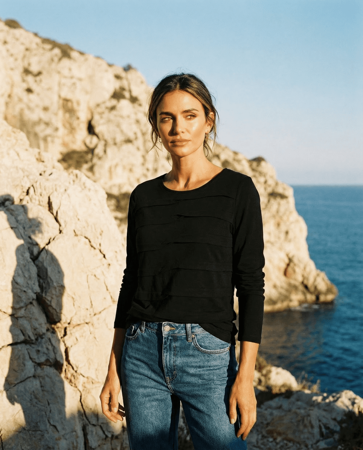 MERINO TUCK PLEAT TOP WOMENS LONG SLEEVES ROUND NECK BLACK EBAS608_by_EBONY_women's_in_New Zealand_ MERINO TUCK PLEAT TOP WOMENS LONG SLEEVES ROUND NECK BLACK EBAS608 _