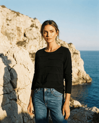 MERINO TUCK PLEAT TOP WOMENS LONG SLEEVES ROUND NECK BLACK EBAS608_by_EBONY_women's_in_New Zealand_ MERINO TUCK PLEAT TOP WOMENS LONG SLEEVES ROUND NECK BLACK EBAS608 _