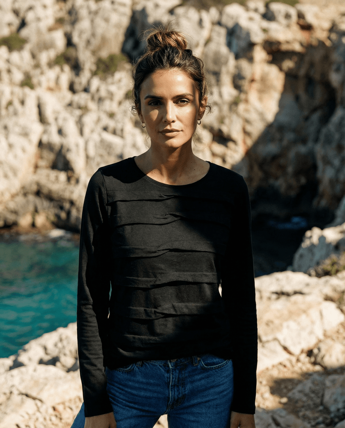 MERINO TUCK PLEAT TOP WOMENS LONG SLEEVES ROUND NECK BLACK EBAS608_by_EBONY_women's_in_New Zealand_ MERINO TUCK PLEAT TOP WOMENS LONG SLEEVES ROUND NECK BLACK EBAS608 _