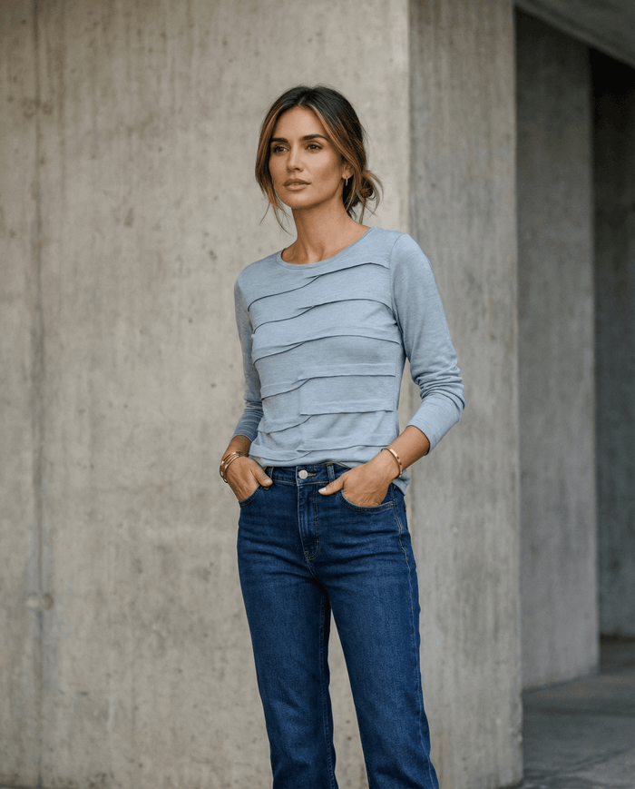 MERINO TUCK PLEAT TOP WOMENS LONG SLEEVES ROUND NECK DUSK BLUE EBAS608_by_EBONY_women's_in_New Zealand_ MERINO TUCK PLEAT TOP WOMENS LONG SLEEVES ROUND NECK DUSK BLUE EBAS608 _