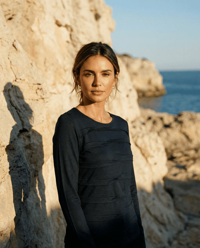 MERINO TUCK PLEAT TOP WOMENS LONG SLEEVES ROUND NECK FRENCH NAVY EBAS608_by_EBONY_women's_in_New Zealand_ MERINO TUCK PLEAT TOP WOMENS LONG SLEEVES ROUND NECK FRENCH NAVY EBAS608 _