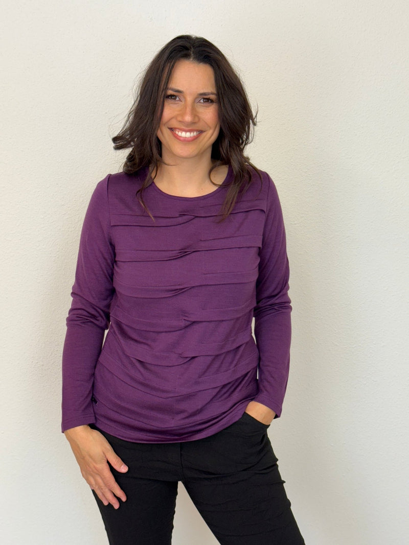 EBONY_MERINO TUCK PLEAT TOP WOMENS LONG SLEEVES ROUND NECK ITALIAN PLUM _ MERINO TUCK PLEAT TOP WOMENS LONG SLEEVES ROUND NECK ITALIAN PLUM _ Ebony Boutique NZ