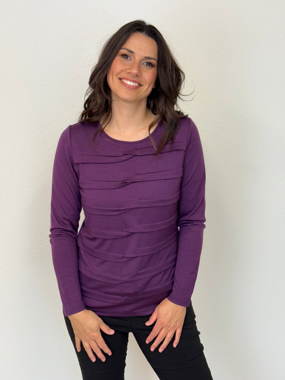EBONY_MERINO TUCK PLEAT TOP WOMENS LONG SLEEVES ROUND NECK ITALIAN PLUM _ MERINO TUCK PLEAT TOP WOMENS LONG SLEEVES ROUND NECK ITALIAN PLUM _ Ebony Boutique NZ