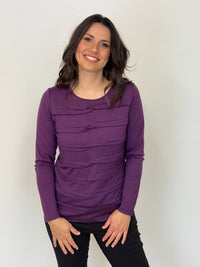 EBONY_MERINO TUCK PLEAT TOP WOMENS LONG SLEEVES ROUND NECK ITALIAN PLUM _ MERINO TUCK PLEAT TOP WOMENS LONG SLEEVES ROUND NECK ITALIAN PLUM _ Ebony Boutique NZ
