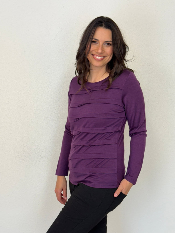 EBONY_MERINO TUCK PLEAT TOP WOMENS LONG SLEEVES ROUND NECK ITALIAN PLUM _ MERINO TUCK PLEAT TOP WOMENS LONG SLEEVES ROUND NECK ITALIAN PLUM _ Ebony Boutique NZ