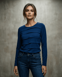 MERINO TUCK PLEAT TOP WOMENS LONG SLEEVES ROUND NECK TWILIGHT EBAS608_by_EBONY_women's_in_New Zealand_ MERINO TUCK PLEAT TOP WOMENS LONG SLEEVES ROUND NECK TWILIGHT EBAS608 _
