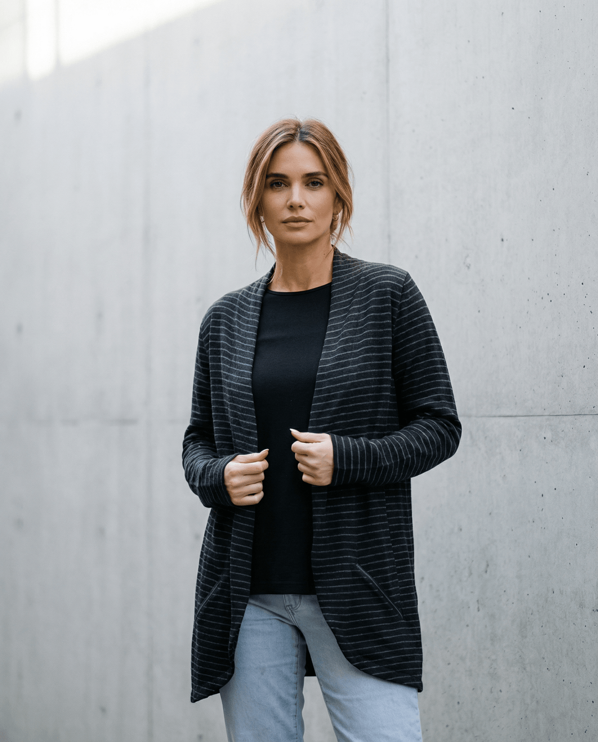 MERINO ZIP POCKET CARDIGAN LONG SLEEVES WOMENS STRIPE BLACK/GREY_by_EBONY_women's_in_New Zealand_ MERINO ZIP POCKET CARDIGAN LONG SLEEVES WOMENS STRIPE BLACK/GREY _