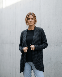 MERINO ZIP POCKET CARDIGAN LONG SLEEVES WOMENS STRIPE BLACK/GREY_by_EBONY_women's_in_New Zealand_ MERINO ZIP POCKET CARDIGAN LONG SLEEVES WOMENS STRIPE BLACK/GREY _
