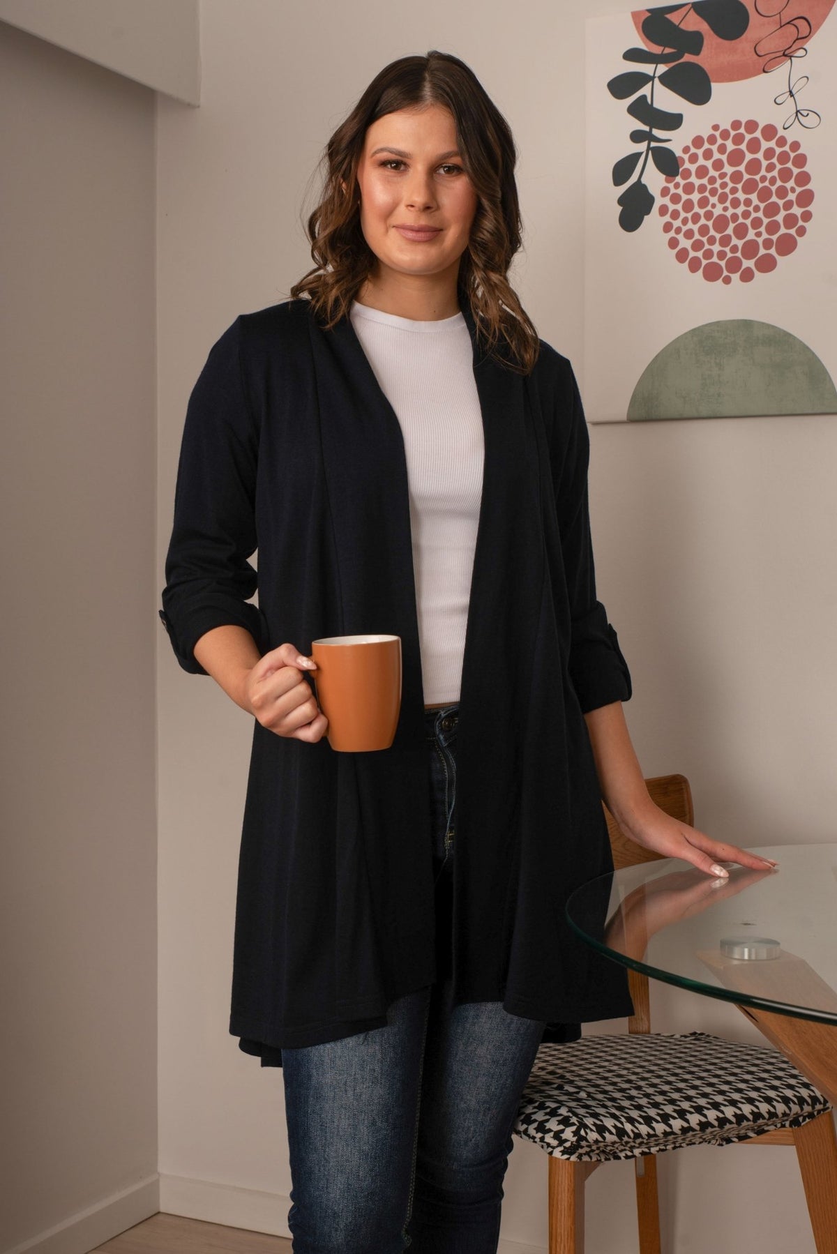 EBONY_TAB SLEEVE 100% MERINO EDGE TO EDGE A - LINE CARDIGAN BLACK _ TAB SLEEVE 100% MERINO EDGE TO EDGE A - LINE CARDIGAN BLACK _ Ebony Boutique NZ