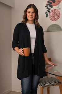 EBONY_TAB SLEEVE 100% MERINO EDGE TO EDGE A - LINE CARDIGAN BLACK _ TAB SLEEVE 100% MERINO EDGE TO EDGE A - LINE CARDIGAN BLACK _ Ebony Boutique NZ