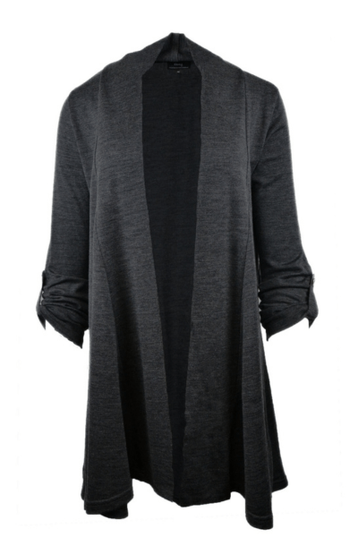 EBONY_TAB SLEEVE 100% MERINO EDGE TO EDGE A - LINE CARDIGAN CHARCOAL _ TAB SLEEVE 100% MERINO EDGE TO EDGE A - LINE CARDIGAN CHARCOAL _ Ebony Boutique NZ