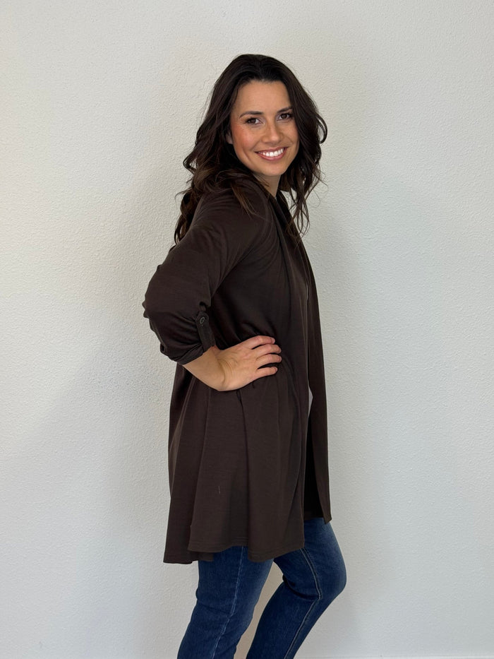 EBONY_TAB SLEEVE 100% MERINO EDGE TO EDGE A - LINE CARDIGAN CHOCOLATE _ TAB SLEEVE 100% MERINO EDGE TO EDGE A - LINE CARDIGAN CHOCOLATE _ Ebony Boutique NZ
