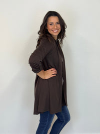 EBONY_TAB SLEEVE 100% MERINO EDGE TO EDGE A - LINE CARDIGAN CHOCOLATE _ TAB SLEEVE 100% MERINO EDGE TO EDGE A - LINE CARDIGAN CHOCOLATE _ Ebony Boutique NZ