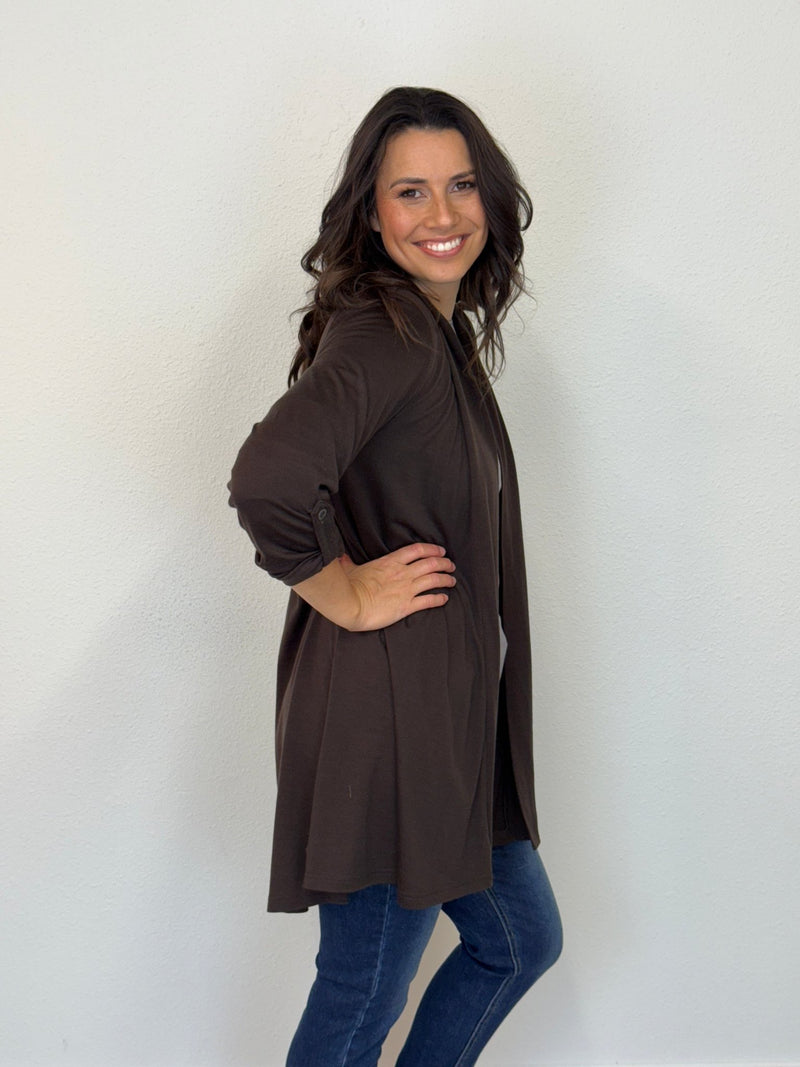 EBONY_TAB SLEEVE 100% MERINO EDGE TO EDGE A - LINE CARDIGAN CHOCOLATE _ TAB SLEEVE 100% MERINO EDGE TO EDGE A - LINE CARDIGAN CHOCOLATE _ Ebony Boutique NZ