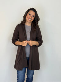 EBONY_TAB SLEEVE 100% MERINO EDGE TO EDGE A - LINE CARDIGAN CHOCOLATE _ TAB SLEEVE 100% MERINO EDGE TO EDGE A - LINE CARDIGAN CHOCOLATE _ Ebony Boutique NZ