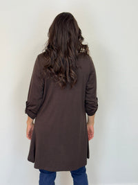 EBONY_TAB SLEEVE 100% MERINO EDGE TO EDGE A - LINE CARDIGAN CHOCOLATE _ TAB SLEEVE 100% MERINO EDGE TO EDGE A - LINE CARDIGAN CHOCOLATE _ Ebony Boutique NZ