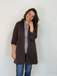 EBONY_TAB SLEEVE 100% MERINO EDGE TO EDGE A - LINE CARDIGAN CHOCOLATE _ TAB SLEEVE 100% MERINO EDGE TO EDGE A - LINE CARDIGAN CHOCOLATE _ Ebony Boutique NZ