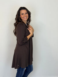 EBONY_TAB SLEEVE 100% MERINO EDGE TO EDGE A - LINE CARDIGAN CHOCOLATE _ TAB SLEEVE 100% MERINO EDGE TO EDGE A - LINE CARDIGAN CHOCOLATE _ Ebony Boutique NZ