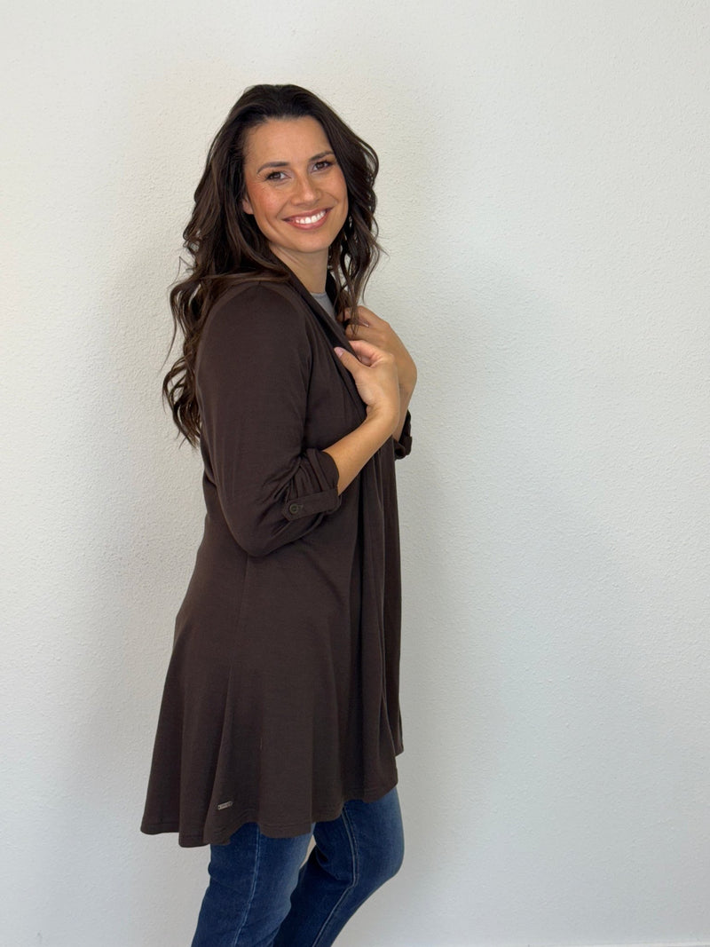 EBONY_TAB SLEEVE 100% MERINO EDGE TO EDGE A - LINE CARDIGAN CHOCOLATE _ TAB SLEEVE 100% MERINO EDGE TO EDGE A - LINE CARDIGAN CHOCOLATE _ Ebony Boutique NZ