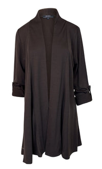 EBONY_TAB SLEEVE 100% MERINO EDGE TO EDGE A - LINE CARDIGAN CHOCOLATE _ TAB SLEEVE 100% MERINO EDGE TO EDGE A - LINE CARDIGAN CHOCOLATE _ Ebony Boutique NZ