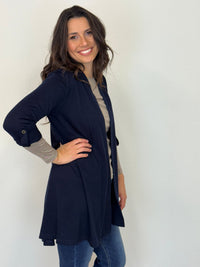 EBONY_TAB SLEEVE 100% MERINO EDGE TO EDGE A - LINE CARDIGAN FRENCH NAVY _ TAB SLEEVE 100% MERINO EDGE TO EDGE A - LINE CARDIGAN FRENCH NAVY _ Ebony Boutique NZ