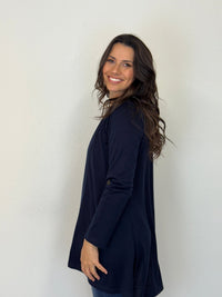 EBONY_TAB SLEEVE 100% MERINO EDGE TO EDGE A - LINE CARDIGAN FRENCH NAVY _ TAB SLEEVE 100% MERINO EDGE TO EDGE A - LINE CARDIGAN FRENCH NAVY _ Ebony Boutique NZ