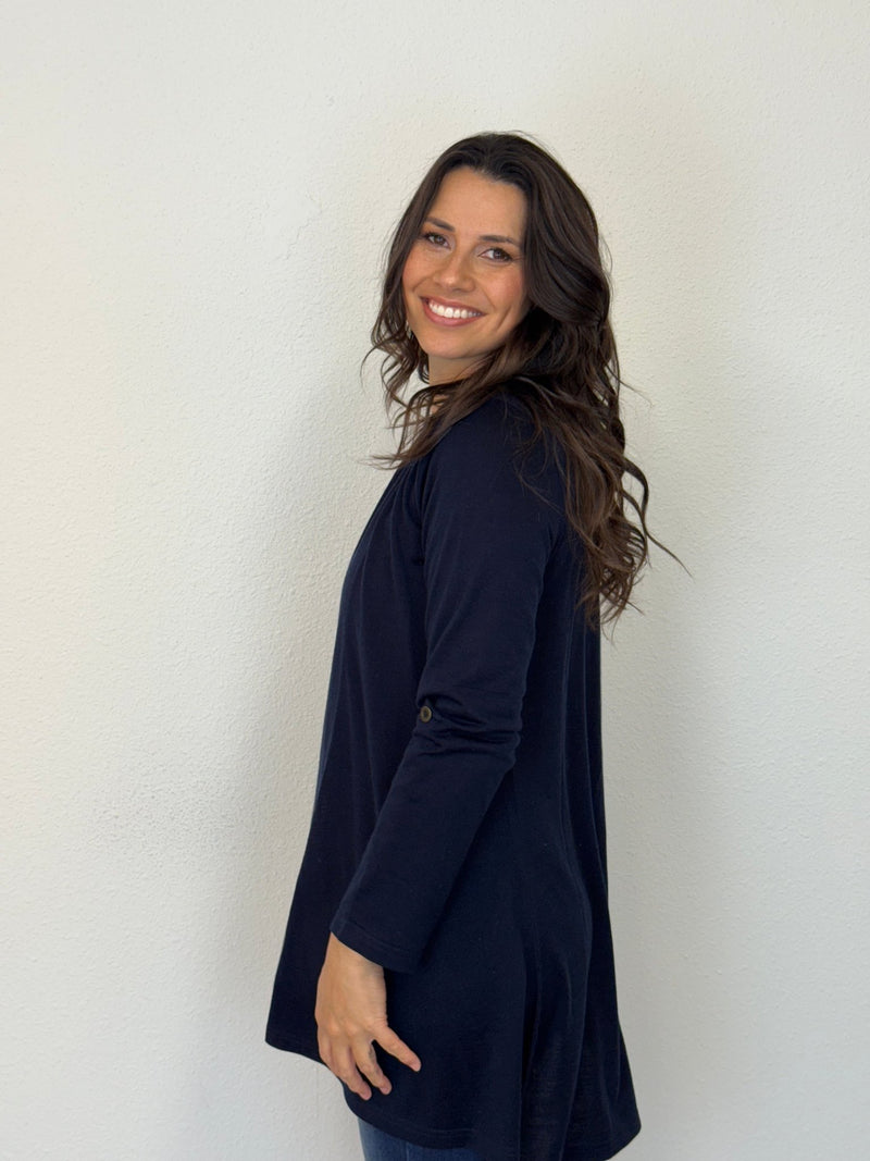 EBONY_TAB SLEEVE 100% MERINO EDGE TO EDGE A - LINE CARDIGAN FRENCH NAVY _ TAB SLEEVE 100% MERINO EDGE TO EDGE A - LINE CARDIGAN FRENCH NAVY _ Ebony Boutique NZ