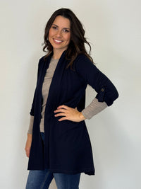 EBONY_TAB SLEEVE 100% MERINO EDGE TO EDGE A - LINE CARDIGAN FRENCH NAVY _ TAB SLEEVE 100% MERINO EDGE TO EDGE A - LINE CARDIGAN FRENCH NAVY _ Ebony Boutique NZ