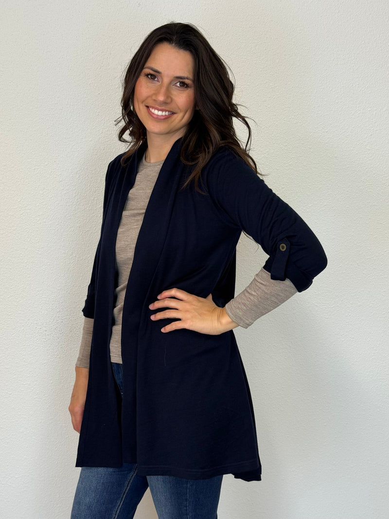 EBONY_TAB SLEEVE 100% MERINO EDGE TO EDGE A - LINE CARDIGAN FRENCH NAVY _ TAB SLEEVE 100% MERINO EDGE TO EDGE A - LINE CARDIGAN FRENCH NAVY _ Ebony Boutique NZ