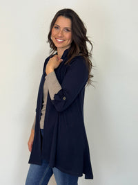EBONY_TAB SLEEVE 100% MERINO EDGE TO EDGE A - LINE CARDIGAN FRENCH NAVY _ TAB SLEEVE 100% MERINO EDGE TO EDGE A - LINE CARDIGAN FRENCH NAVY _ Ebony Boutique NZ