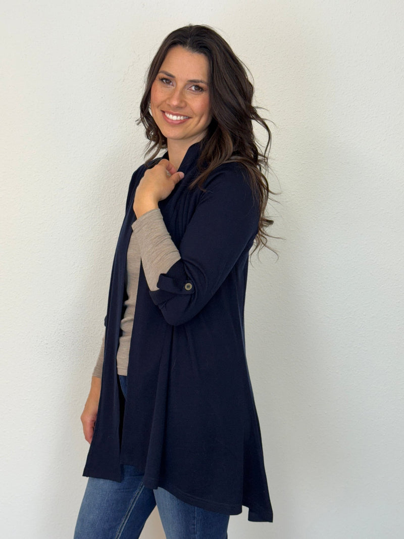 EBONY_TAB SLEEVE 100% MERINO EDGE TO EDGE A - LINE CARDIGAN FRENCH NAVY _ TAB SLEEVE 100% MERINO EDGE TO EDGE A - LINE CARDIGAN FRENCH NAVY _ Ebony Boutique NZ