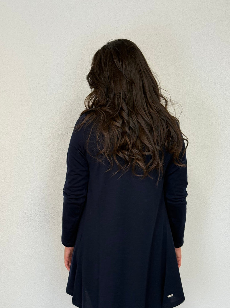 EBONY_TAB SLEEVE 100% MERINO EDGE TO EDGE A - LINE CARDIGAN FRENCH NAVY _ TAB SLEEVE 100% MERINO EDGE TO EDGE A - LINE CARDIGAN FRENCH NAVY _ Ebony Boutique NZ
