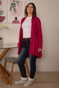 EBONY_TAB SLEEVE 100% MERINO EDGE TO EDGE A - LINE CARDIGAN RASPBERRY _ TAB SLEEVE 100% MERINO EDGE TO EDGE A - LINE CARDIGAN RASPBERRY _ Ebony Boutique NZ