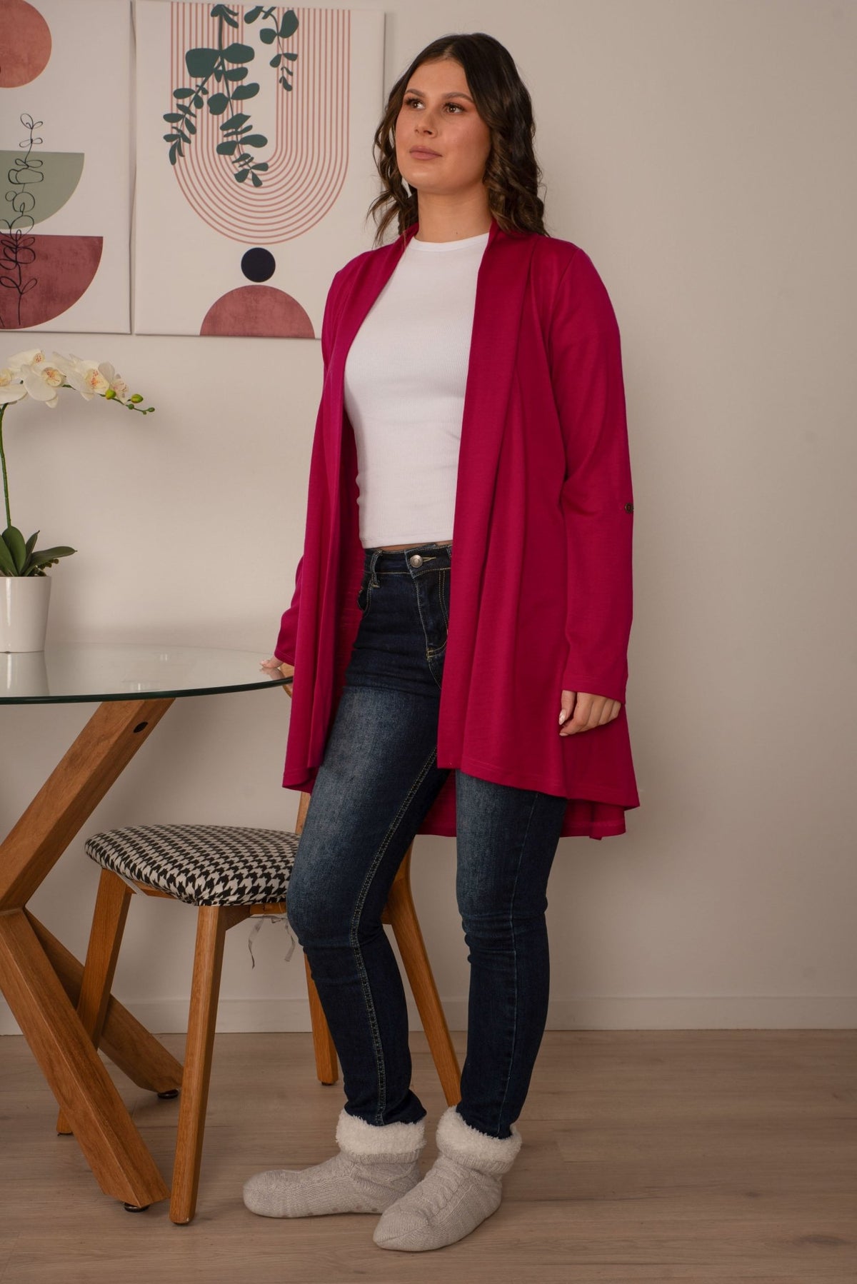 EBONY_TAB SLEEVE 100% MERINO EDGE TO EDGE A - LINE CARDIGAN RASPBERRY _ TAB SLEEVE 100% MERINO EDGE TO EDGE A - LINE CARDIGAN RASPBERRY _ Ebony Boutique NZ