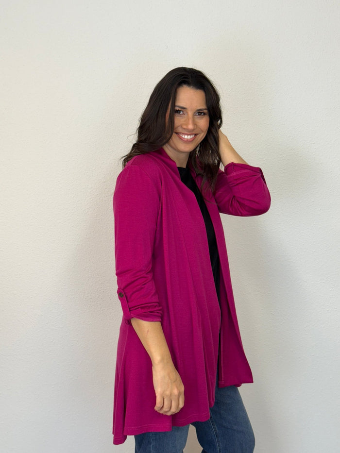 EBONY_TAB SLEEVE 100% MERINO EDGE TO EDGE A - LINE CARDIGAN RASPBERRY _ TAB SLEEVE 100% MERINO EDGE TO EDGE A - LINE CARDIGAN RASPBERRY _ Ebony Boutique NZ