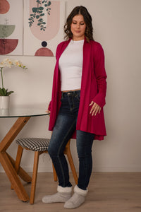 EBONY_TAB SLEEVE 100% MERINO EDGE TO EDGE A - LINE CARDIGAN RASPBERRY _ TAB SLEEVE 100% MERINO EDGE TO EDGE A - LINE CARDIGAN RASPBERRY _ Ebony Boutique NZ