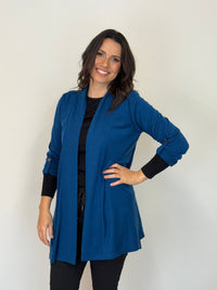 EBONY_TAB SLEEVE 100% MERINO EDGE TO EDGE A - LINE CARDIGAN TWILIGHT _ TAB SLEEVE 100% MERINO EDGE TO EDGE A - LINE CARDIGAN TWILIGHT _ Ebony Boutique NZ