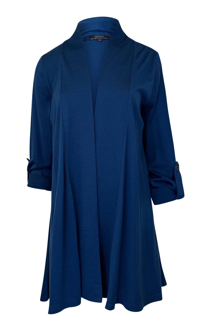 EBONY_TAB SLEEVE 100% MERINO EDGE TO EDGE A - LINE CARDIGAN TWILIGHT _ TAB SLEEVE 100% MERINO EDGE TO EDGE A - LINE CARDIGAN TWILIGHT _ Ebony Boutique NZ