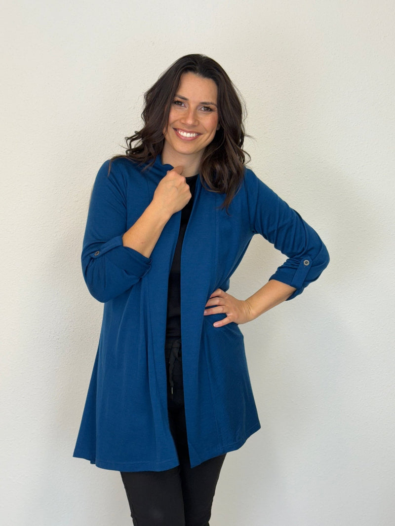 EBONY_TAB SLEEVE 100% MERINO EDGE TO EDGE A - LINE CARDIGAN TWILIGHT _ TAB SLEEVE 100% MERINO EDGE TO EDGE A - LINE CARDIGAN TWILIGHT _ Ebony Boutique NZ