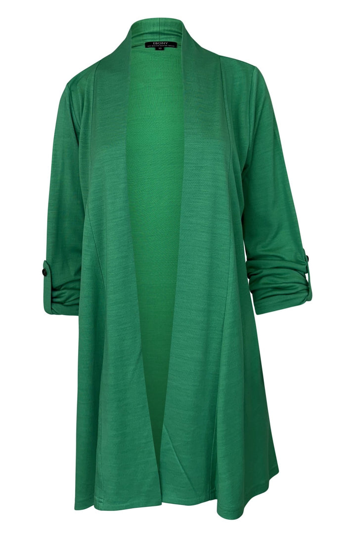 EBONY_TAB SLEEVE 100% MERINO EDGE TO EDGE A - LINE CARDIGAN VERDE EBAS591VER _ TAB SLEEVE 100% MERINO EDGE TO EDGE A - LINE CARDIGAN VERDE EBAS591VER _ Ebony Boutique NZ