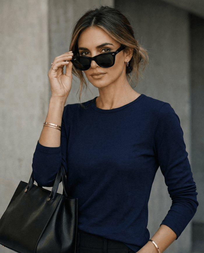 WOMENS 100% MERINO (210) LONG SLEEVE CREW TOP FRENCH NAVY EBAS553_by_EBONY_women's_in_New Zealand_ WOMENS 100% MERINO (210) LONG SLEEVE CREW TOP FRENCH NAVY EBAS553 _