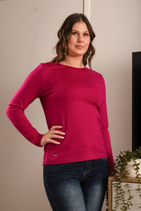 EBONY_WOMENS 100% MERINO (210) LONG SLEEVE CREW TOP RASPBERRY EBAS553 _ WOMENS 100% MERINO (210) LONG SLEEVE CREW TOP RASPBERRY EBAS553 _ Ebony Boutique NZ