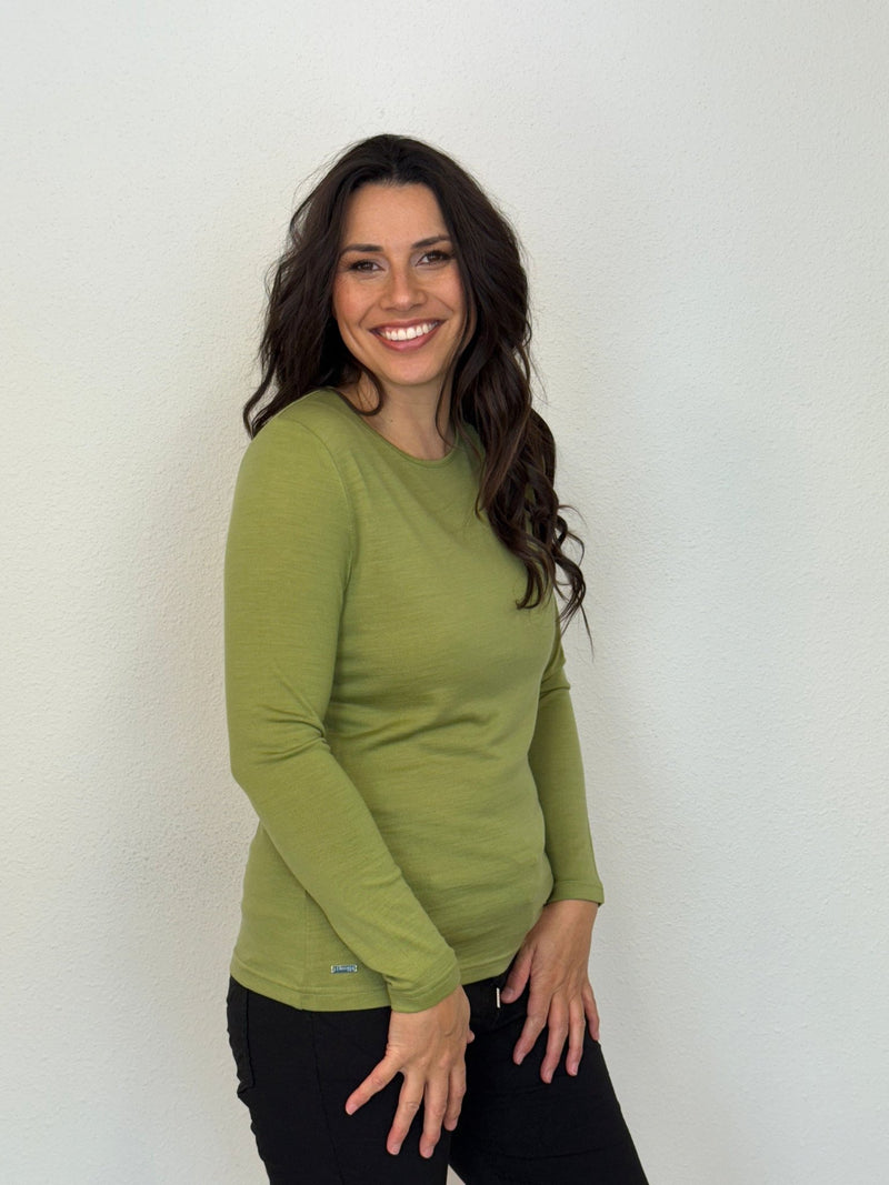 EBONY_WOMENS 100% MERINO (210) LONG SLEEVE CREW TOP SUMMER PEAR _ WOMENS 100% MERINO (210) LONG SLEEVE CREW TOP SUMMER PEAR _ Ebony Boutique NZ