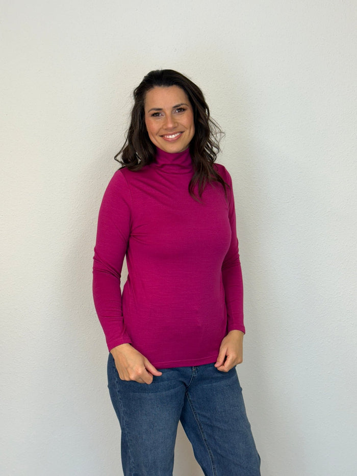 EBONY_WOMENS 100% MERINO (210) LONG SLEEVE HIGH NECK TOP RASPBERRY _ WOMENS 100% MERINO (210) LONG SLEEVE HIGH NECK TOP RASPBERRY _ Ebony Boutique NZ