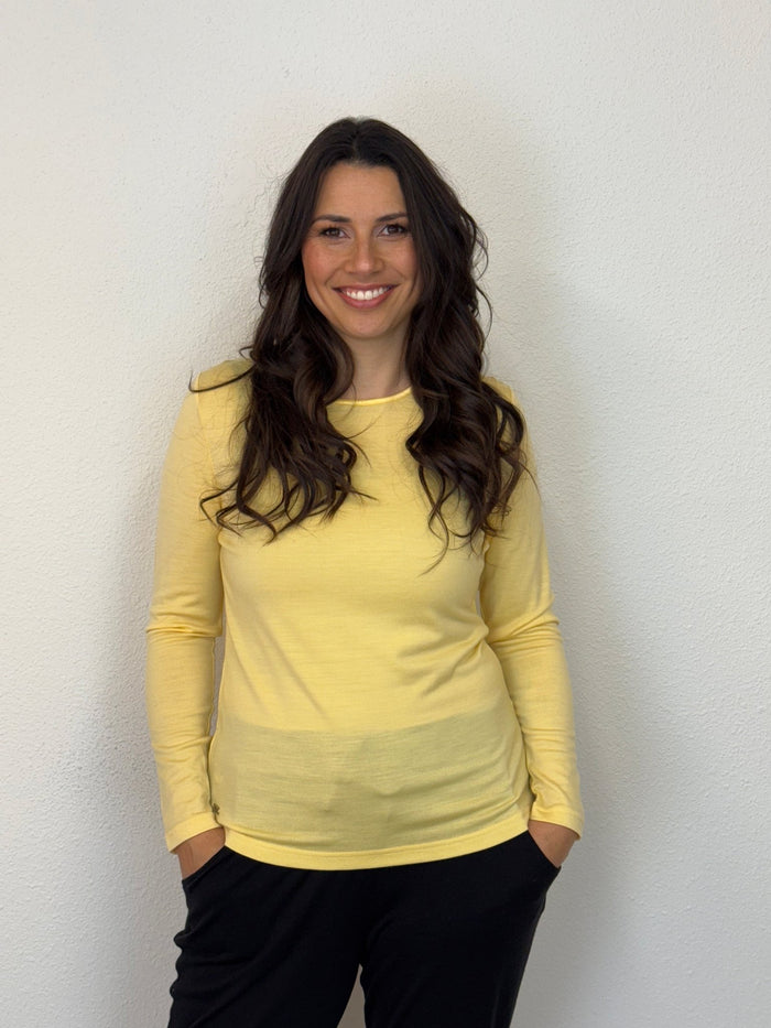 EBONY_WOMENS 100% MERINO (210) LONG SLEEVE SATIN CREW TOP BUTTERCUP _ WOMENS 100% MERINO (210) LONG SLEEVE SATIN CREW TOP BUTTERCUP _ Ebony Boutique NZ