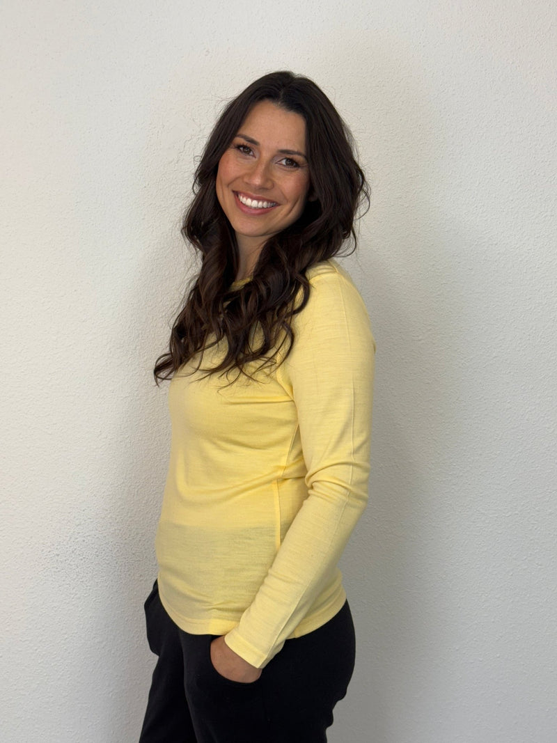 EBONY_WOMENS 100% MERINO (210) LONG SLEEVE SATIN CREW TOP BUTTERCUP _ WOMENS 100% MERINO (210) LONG SLEEVE SATIN CREW TOP BUTTERCUP _ Ebony Boutique NZ