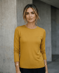WOMENS 100% MERINO (210) LONG SLEEVE SATIN CREW TOP GOLD EBAS503_by_EBONY_women's_in_New Zealand_ WOMENS 100% MERINO (210) LONG SLEEVE SATIN CREW TOP GOLD EBAS503 _