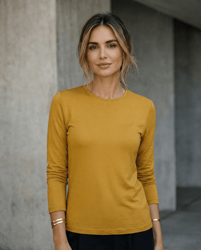 WOMENS 100% MERINO (210) LONG SLEEVE SATIN CREW TOP GOLD EBAS503_by_EBONY_women's_in_New Zealand_ WOMENS 100% MERINO (210) LONG SLEEVE SATIN CREW TOP GOLD EBAS503 _