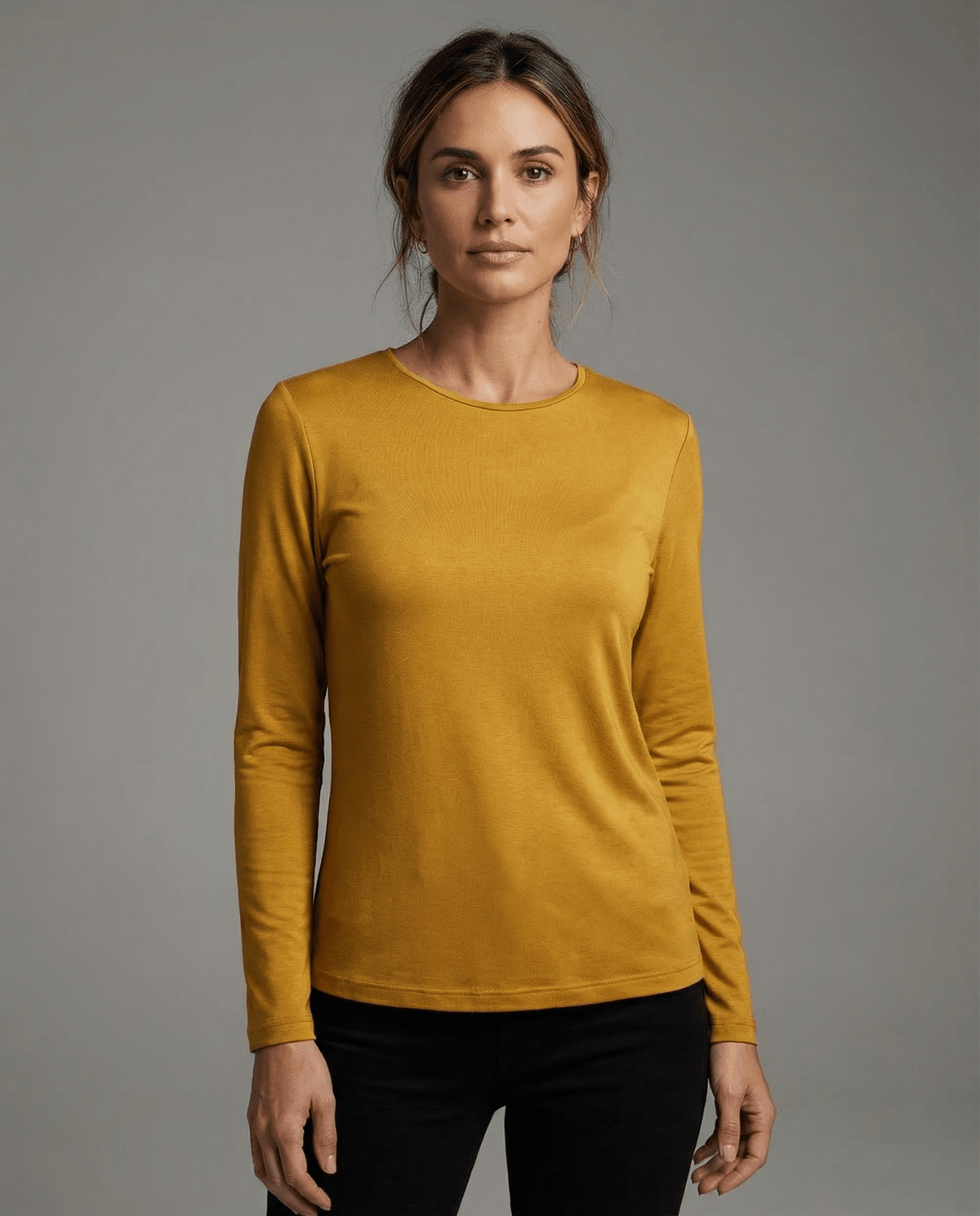 WOMENS 100% MERINO (210) LONG SLEEVE SATIN CREW TOP GOLD EBAS503_by_EBONY_women's_in_New Zealand_ WOMENS 100% MERINO (210) LONG SLEEVE SATIN CREW TOP GOLD EBAS503 _